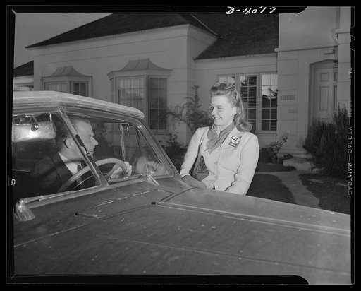 Car pooling at Lockheed Vega. Sheila gets off next. Walt and Jerry, the only two left, are neighbors and live nearby. Jerry lives about 10 1/2 miles from the plant, works six days a week and drives twenty-one miles a day. 6000 miles a year just getting to and from work. All these riders, except Mary