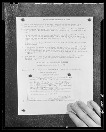 Car pooling at Lockheed Vega. Instructions to drivers who have transportation to offer fellow workers at the Lockheed Vega aircraft plant
