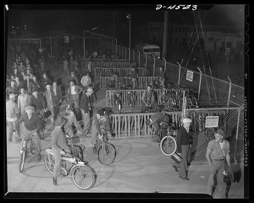 The bicycle brigade at Lockheed Vega Aircraft Corporation. Employees living within four miles of Lockheed's plant may purchase bicycles through the company and resell them to the company when need for them no longer exists. This mode of transportation is becoming increasingly popular, and has result