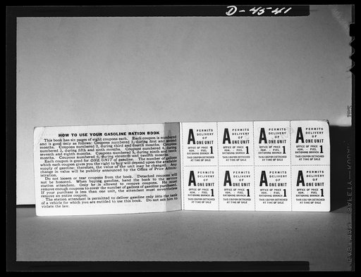 Gas rationing booklet. This is the inside of the front cover and the first page of the new "A" gasoline coupon book, which motorists in the East Coast rationed area will need to obtain their basic rations of gasoline when the coupon plan goes into effect in July. Instructions appearing inside the fr