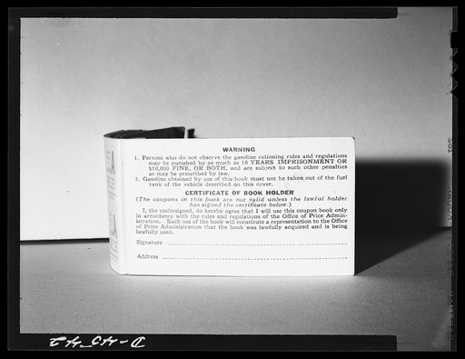 Gas rationing booklet. This is the inside of the back cover of the "A" gasoline coupon book, which motorists in the East Coast rationed area will need to obtain their basic rations of gasoline when the coupon plan goes into effect in July. The inside of the back cover contains a warning that gasolin