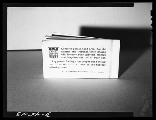 Gas rationing booklet. This is the back cover of the new "A" gasoline coupon book, which motorists in the East Coast rationed area will need to obtain their basic rations of gasoline when the coupon plan goes into effect in July. The book cover contains a statement requesting conservation of gasolin