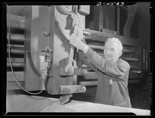 Manpower. Veteran boring mill worker. Seventy-five-year-old George Shoemaker has worked at this same vertical boring mill for the past fifty-four years. The boring mill, built in 1865, made pump parts in the last year of the Civil War, and worked through the Spanish-American War and World War I. In 