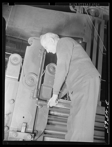 Manpower. Veteran boring mill worker. Seventy-five-year-old George Shoemaker has worked at this same vertical boring mill for the past fifty-four years. The boring mill, built in 1865, made pump parts in the last year of the Civil War and worked through the Spanish-American War and World War I. In t