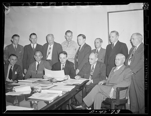 First meeting of labor management policy committee of the War Manpower Commission. Seated -- left to right: Fowler Harper, deputy chairman of War Manpower Commission (WMC); R. Conrad Cooper of Wheeling Steel Corporation; Arthur S. Flemming of Civil Service Commission, chairman; Clinton S. Golden, Un