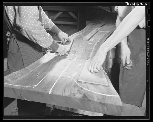 Conversion. Flooring to gunstocks. Stocks for Army rifles. A large walnut slab, known as a flitch, is marked for the cutting out of sound planes for gunstocks. Light chalk marks indicate defects. Black marks are the outlines to which selected sections for "rifle furniture" will be cut. Because of kn