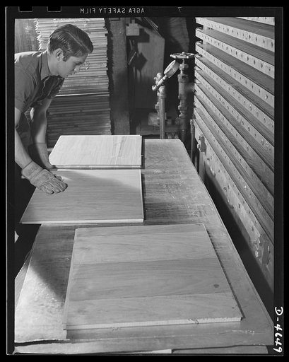 Production. Plywood for aircraft and boats. Plywood panels for combat planes and boats. These panels, produced in a Midwest plant, have remarkable properties. The synthetic resins used as adhesives make a bond that is stronger than the wood itself, and they resist water so well that they may be boil
