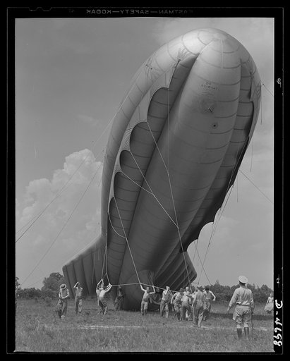 Parris Island. Marine Corps barrage balloons. The leathernecks get a new job and, as usual, handle it well. A barrage balloon ready to go aloft under the handling of special marine units in training at Parris Island, South Carolina