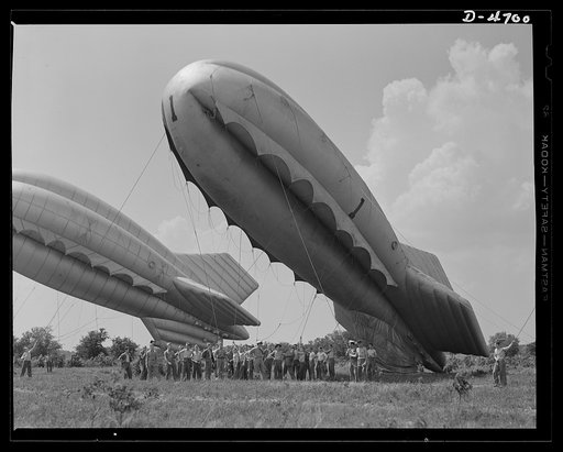 Parris Island. Marine Corps barrage balloons. The leathernecks get a new job and, as usual, handle it well. A barrage balloon ready to go aloft under the handling of special marine units in training at Parris Island, South Carolina