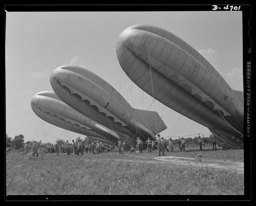 Parris Island. Marine Corps barrage balloons. Setting up balloon barrages is just another chore for the versatile marines. Special units in training at Parris Island, South Carolina handle the big bag with customary marine snap and precision
