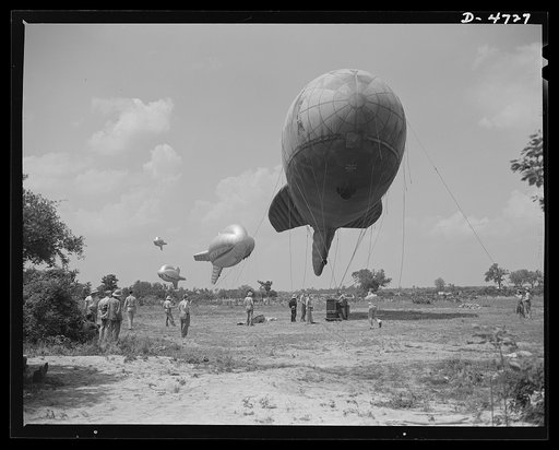 Parris Island. Marine Corps barrage balloons. The leathernecks make a strong medicine against Axis aircraft. Special marine units in training at Parris Island, South Carolina send up part of a tactical formation of barrage balloons that prevent dive bombing and the strafing of important ground insta