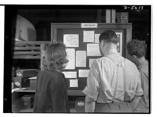Transportation. Car pooling at Glenn Martin. Aircraft workers at the Glenn Martin aircraft plant solve some of their transportation problems at an "auto pooling" bulletin board. Here, owners desiring to share their cars list information on their routes and destinations
