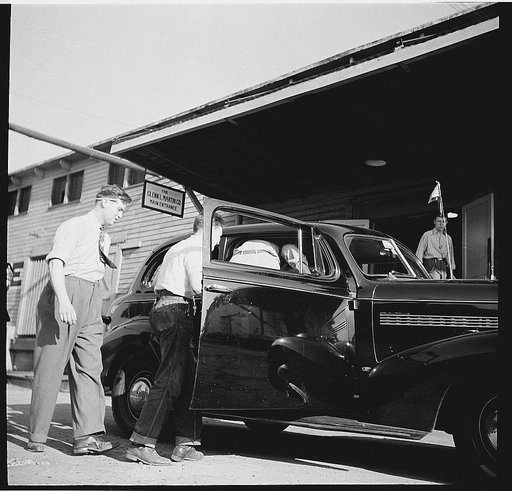Transportation. Car pooling at Glenn Martin. Workers at Glenn Martin aircraft plant enter the auto of a fellow worker who brings them to and from work. The company sponsored a successful car pooling plan which many employees joined
