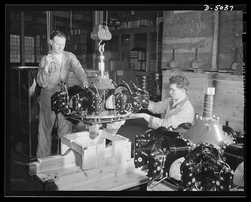 Production. Airplane engines. Before this airplane engine arrived at the point of packing for shipment from a Midwest plant, it had to prove itself a good engine. It has been thoroughly tested after original assembly, torn down for minute inspection of all parts, reassembled and put through final te