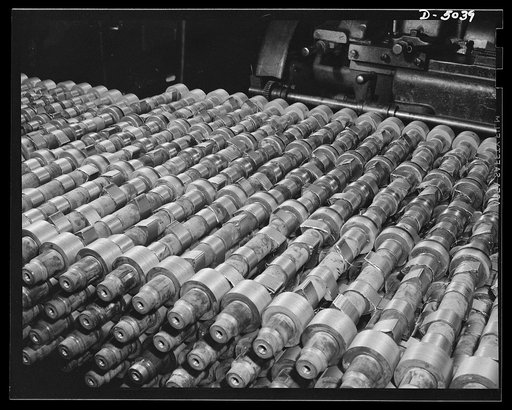 Production. Marine engines. Camshafts for marine engines for the Navy are produced in great quantity at a Midwest plant. The finest of material and workmanship go into their manufacture. Continental Motors, Michigan