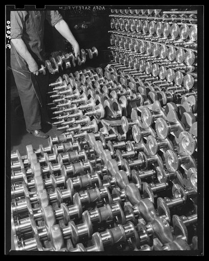 Production. Marine engines. Marine engine crankshafts for the Navy are produced in great quantity at a Midwest plant. The finest of material and workmanship go into their manufacture. Continental Motors, Michigan