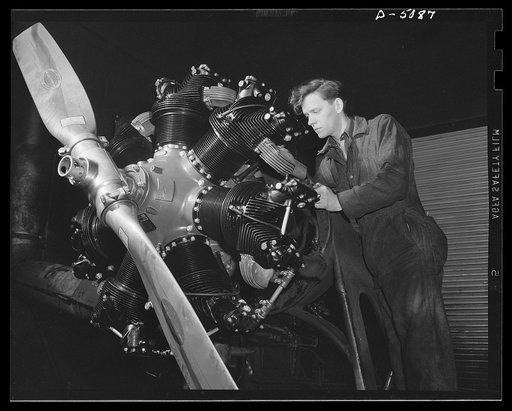 Production. Airplane engines. Airplane engines on the test block at a Midwest plant. After tests are completed, the engine will be torn down for minute inspection of all parts. It will then be reassembled and again tested before shipment to an airplane factory. Continental Motors, Muskegon