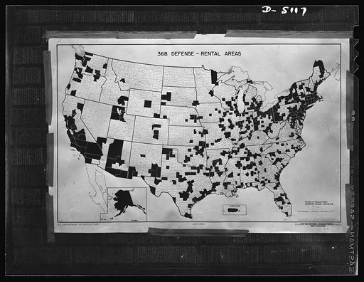 U.S. defense rental areas. This map shows the defense rental in the U.S., Alaska and Puerto Rico, as of June 26, 1942. The 368 areas, shown by the blackened out portions, represent an aggregate population of 89,000,000. In seventy-five of the areas, Federal rent control is now in effect