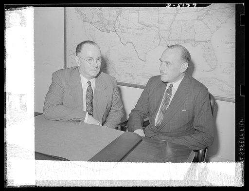 Donald M. Nelson, Chairman of War Production Board (WPB) and Oliver Littleton, British Minister of Supply, at press conference, June 3, 1942