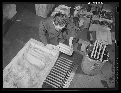 Subcontracting. Passaic home workshop pool. Breech brackets for machine guns receive a final check in the Passaic, New Jersey machine shop of the Howe Machinery Company before they are packed for shipment to the final assembly point. In addition to getting heavy production through its own shop, this