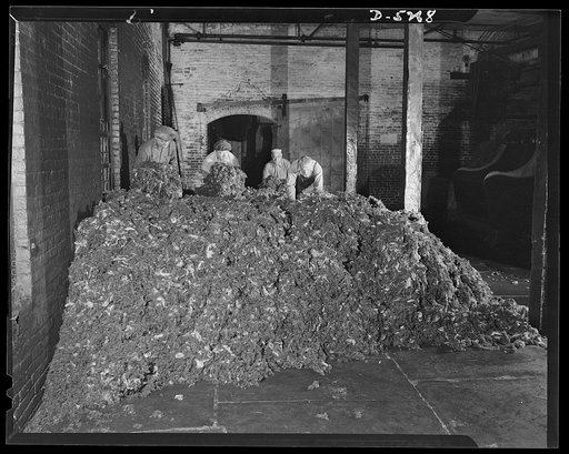 Salvage. Wool reclamation. Bales of wool rags, from which the wool is to be reclaimed, come in bales to an Eastern plant from dealers everywhere. Taken from the bales and thrown into this pile, they are passed to rag-picking machines which shred the fabrics as the first step in the reclamation proce