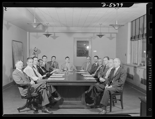 Transportation Equipment Branch Staff, Office of Defense Transportation, Chief Andrew Stevenson. Left to right: David P. Beach, Assistant Chief, Maintenance and Supply Section; F.B. Robins, Chief, Maintenance and Supply Section; John O'Farrell, Assistant Chief, Maintenance and Supply Section; E.C. H