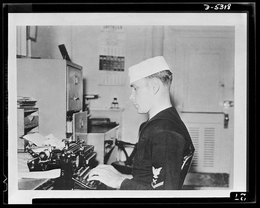 Forty-two keys to victory. Fair weather or foul, this yeoman and thousands of other sailing men make up their ship's orders, records, sick reports, requisitions, meteorological data, etc., on typewriters--one of the Navy's most essential machines