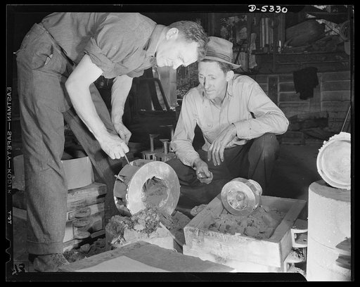 DeLand pool. Improvised foundry, Daytona Beach. City fireman J.L. Clayton of Daytona Beach, Florida, turned curiosity into war production. Several years ago he became interested in molding metals, particularly brass and aluminum in his spare time and put up a one-man foundry in back of the fire stat