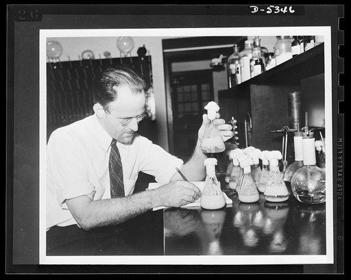 Production of butylene glycol. A department scientist checks the results of experimental fermentations of corn to produce butylene glycol at the Northern Regional Research Laboratory of the U.S. Department of Agriculture at Peoria, Illinois. This research led to the development of a semi-commercial 