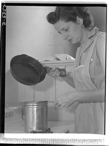 Why greases must be saved. A soldier of the home front--and there's one in every American kitchen--saves all waste fats and greases so that they can be processed into ammunition for America's soldiers on the battlefronts. Pan and broiler drippings, deep fats, renderings from bacon rinds, these are s