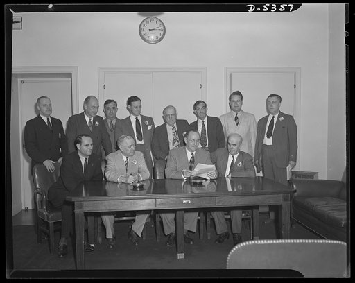 Meeting of policy committee with the War Production Board and labor officials. Meeting of the WPB's policy committee, made up of three high officials from each of the major labor organizations, with the WPB and labor officials. Left to right, seated: William L. Batt, Vice Chairman, WPB; William Gree
