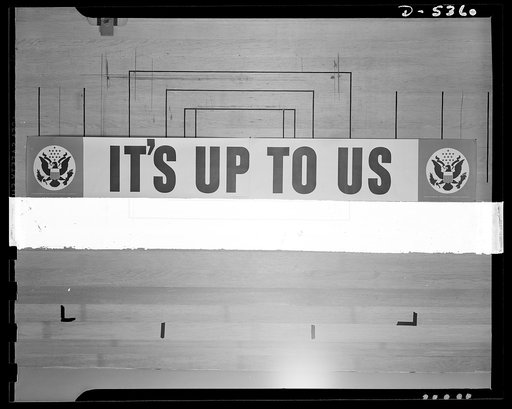 War production drive streamer. Streamer displayed in war plants by the War Production Board (WPB). The original is 10 feet, 2 inches wide and 16 3/4 inches high and is painted in red and blue. Copies may be obtained from the Distribution Section, Office of War Information (OWI), Washington, D.C.