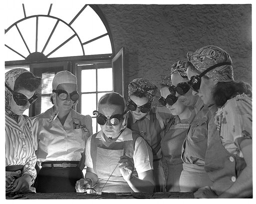 De Land pool. Aircraft construction class. Secretaries, housewives, waitresses, women from all over central Florida are getting into vocational schools to learn war work. Typical are those above in the Daytona Beach branch of the Volusia County Vocational School. Left to right are Helen Cook, a form