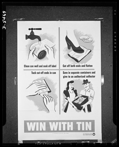 War production drive poster. Poster distributed by the War Production Board (WPB) to salvage committees in cities where tin salvage campaigns are conducted. The original is 20 inches by 28 1/2 inches and is printed in red, gray, and black on white. Copies may be obtained from Central Distribution Se