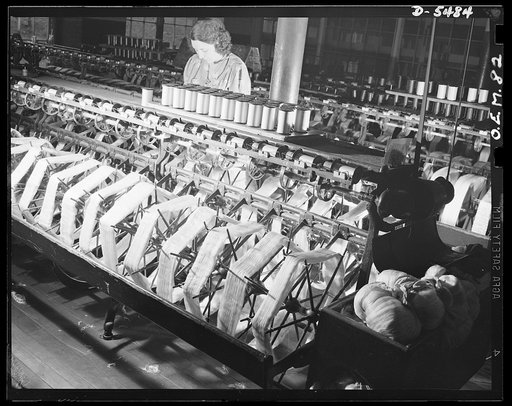 Production. Parachute cloth and shrouds. Raw silk to be used in the manufacture of parachute cloth and shroud lines is wound from skeins onto spools