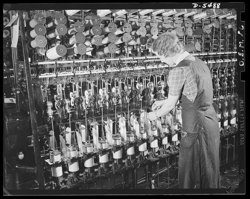 Production. Parachute cloth and shrouds. This 5B spinning machine in the plant of an Eastern parachute manufacturer is the latest type doubling and twisting machine. It makes shroud lines for parachutes