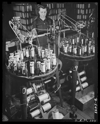 Production. Parachute cloth and shrouds. These machines in an Eastern plant braid pure silk shroud lines for parachutes. Much of this silk, which came from Japan, may pay a surprise visit on its place of origin