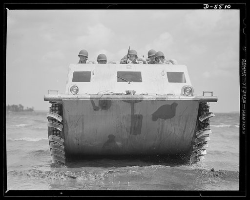 New River, North Carolina. Marine amphibian tractor. "The Marines have landed, and have the situation well in hand." A special leatherneck unit, training with new amphibian tractors at New River, North Carolina, is ready for any shore opposition as its land-and-water troop carrier brings them ashore