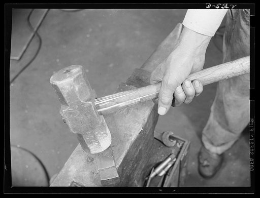 Industrial safety. Accident prevention. Damaged and defective tools and equipment present serious hazards to workers. The splintered handle of this sledgehammer can cause dangerous injuries, delay production, ruin material, and lower plant morale