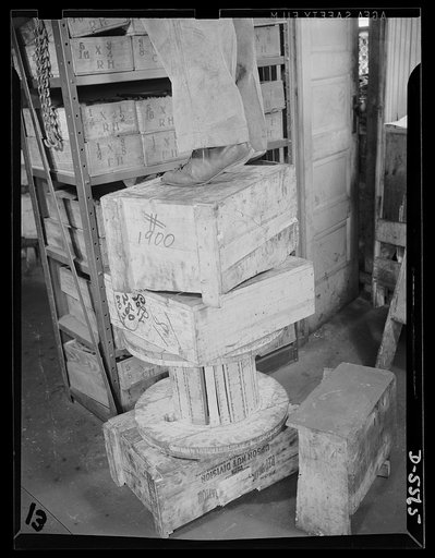 Industrial safety. Accident prevention. This shop worker is "asking for it." The use of a makeshift "ladder" like this is always hazardous--doubly so when heavy, bulky, or unwieldy objects are being put in place or removed