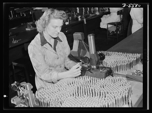 Production. Aircraft engines. She used to be a librarian, now she inspects aircraft parts. Prior to Alma Jean Vincent's employment in a large Midwestern aircraft plant, she managed the junior book section of a suburban library. She had also been an assistant buyer of sportswear, but this lack of ind