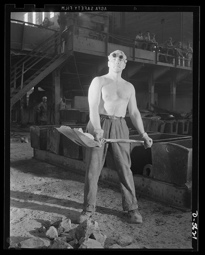 A poster comes to life. He doesn't wear a sergeant's stripes or a captain's bars, but he's an essential soldier of the home front, just as vital to the winning of this war as the men in uniform on America's myriad battlefields. A steelworker, whose job includes shoveling limestone into an electric f