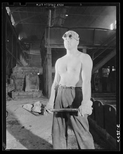A poster comes to life. He doesn't wear a sergeant's stripes or a captain's bars, but he's an essential soldier of the home front, just as vital to the winning of this war as the men in uniform on America's myriad battlefields. A steelworker, whose job includes shoveling limestone into an electric f