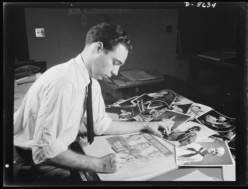 A poster comes to life. Searching for just the right faces to use for a war poster, an Office of War Information (OWI) artist selects three photographs, one of a soldier, a sailor and a welder, and gets to work on the first rough layout of "Men Working Together." Allegheny-Ludlum Steel, Pittsburgh, 