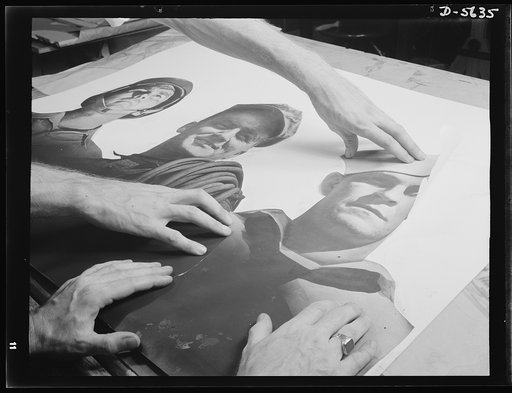 A poster comes to life. Blown up almost to life-size, photographs of the soldier, welder and sailor are pasted on cardboard. The poster of "Men Working Together" which actually brought these three men typical of their specific groups together thus begins to take shape. Allegheny-Ludlum Steel, Pittsb