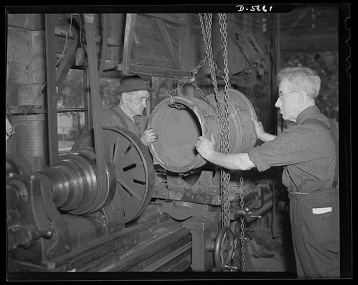 "Me and the old gent." "The old gent and me" form the only two-man labor-management war production drive committee in the United States. Jake Sparling Pulley Manufacturing Company at Bay City, Michigan, and his helper, seventy-nine-year-old ex-lumberjack Percy Fogelsonger, were cited by Donald Nelso