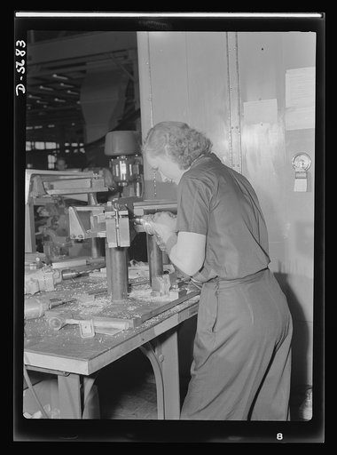Production. Willow Run bomber plant. One of the many women employed at the giant Willow Run bomber plant operates a drill to bore holes in the "Y" section of a supercharger bracket. Ford plant, Willow Run