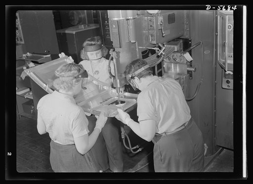 Production. Willow Run bomber plant. Spot welding parts for the nacelle of an aircraft engine. These women work in the largest one-story building in the works, the giant bomber plant at Willow Run, Michigan. Ford plant, Willow Run