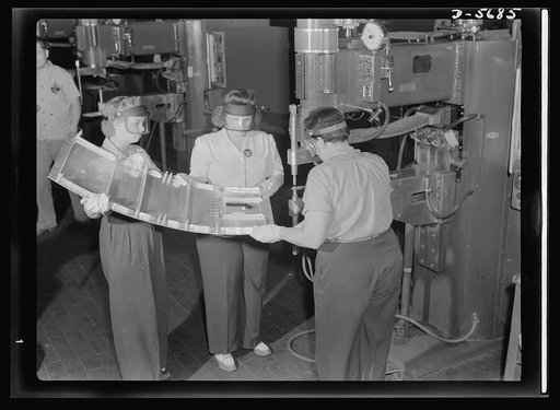 Production. Willow Run bomber plant. Spot welding parts for the nacelle of an aircraft engine. These women work in the largest one-story building in the works, the giant bomber plant at Willow Run, Michigan. Ford plant, Willow Run