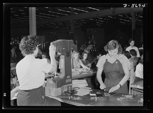Production. Willow Run bomber plant. Experienced women workers at the Willow Run bomber plant operate such machines as this Rockwell hardness tester (left). Beginners are given such tasks as numbering small machine parts (right). Ford plant, Willow Run